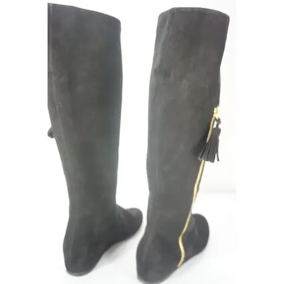 Stuart Weitzman Tass black suede wedge Tall boots size 6.5 New $635 gold zip